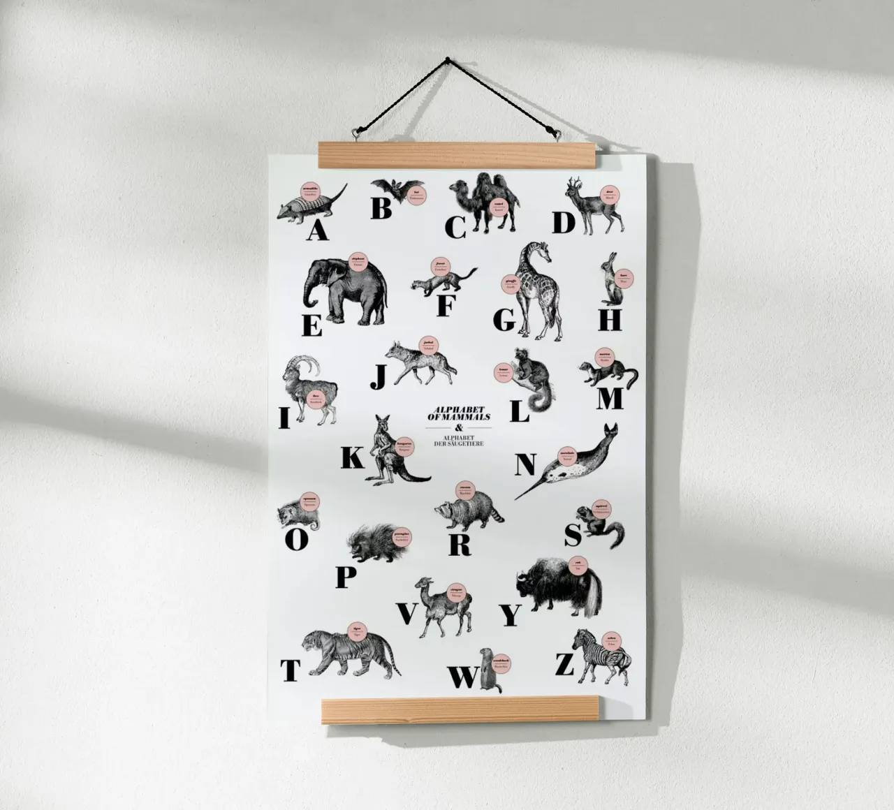 alphabet of mammals, animal ABC poster con telaio in legno da The True Type