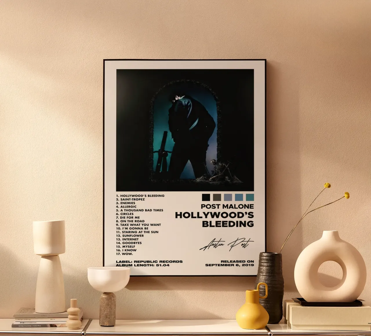 Post Malone Hollywood's Bleeding Tracklists alluminio dibond da Linda Tobrut