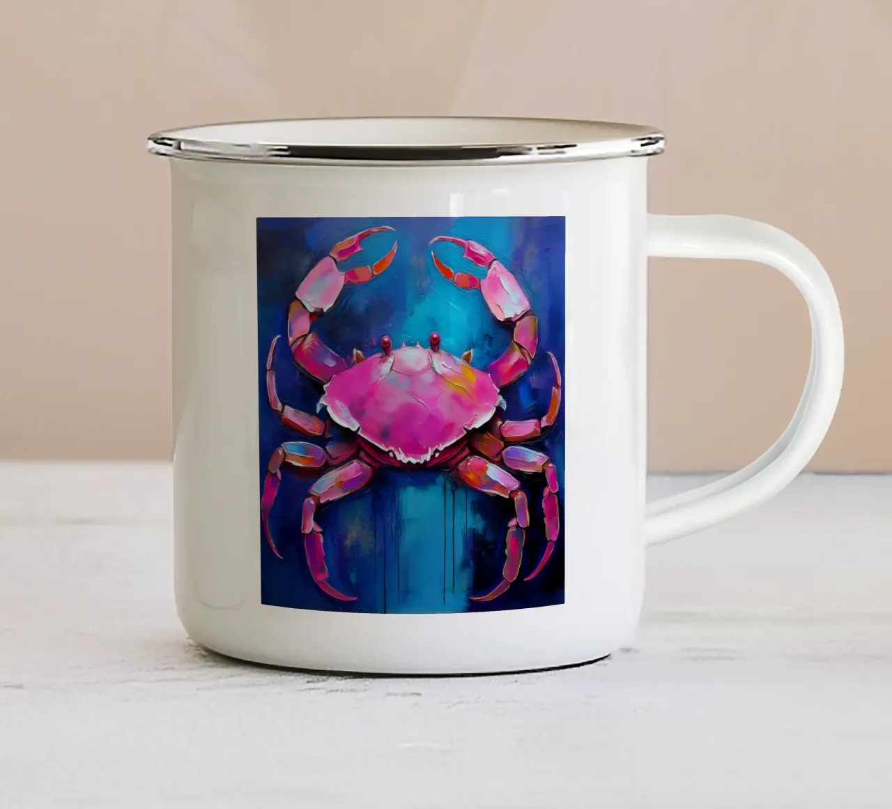 Granchio rosa neon dipinto a mano tazza in smalto da Take Your Art BV