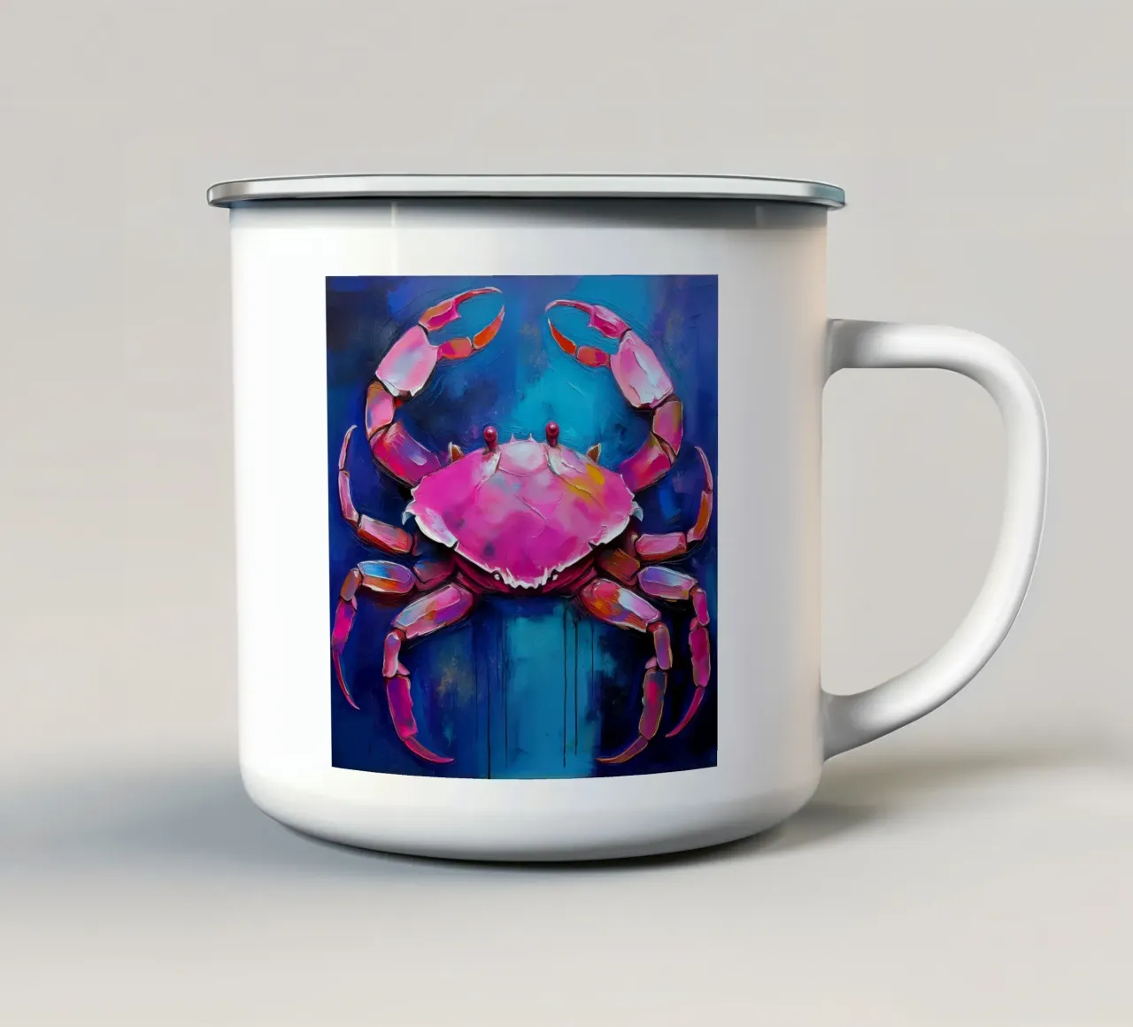 Granchio rosa neon dipinto a mano tazza in smalto da Take Your Art BV