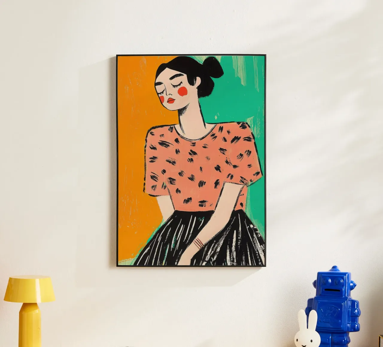 Ritratto stilizzato di una donna in stile color block alluminio dibond da Chic Lines Studio