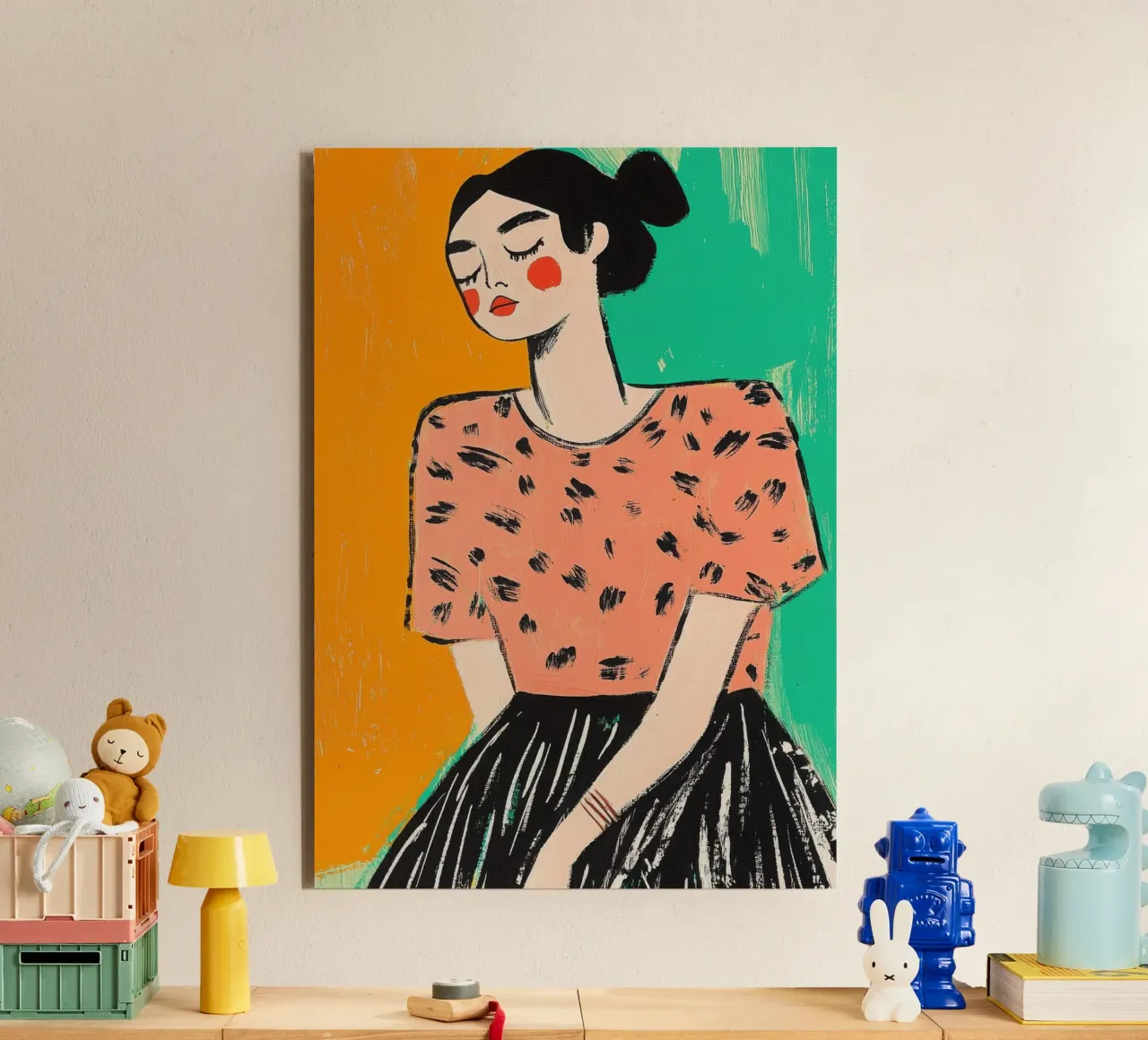 Ritratto stilizzato di una donna in stile color block alluminio dibond da Chic Lines Studio