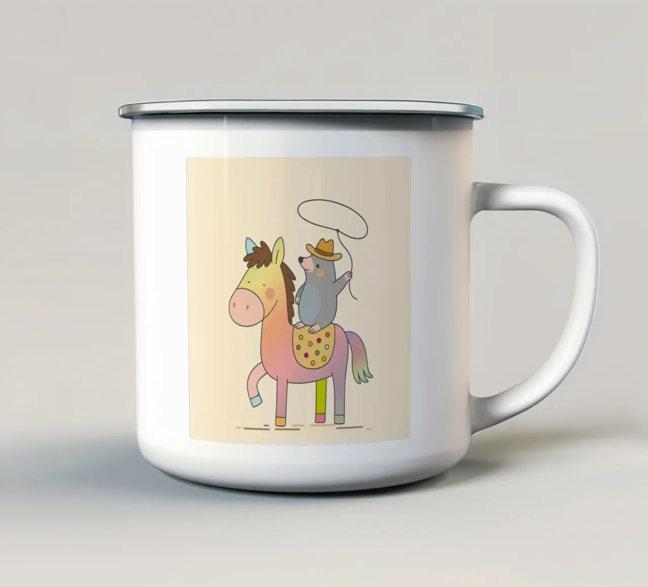 Una talpa allegra cavalca un cavallo colorato tazza in smalto da NA/MO