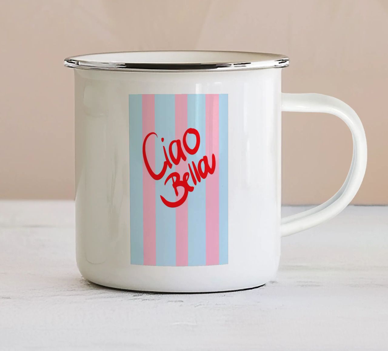 Ciao Bella tazza in smalto da Hej Ibiza by Ute Arnold