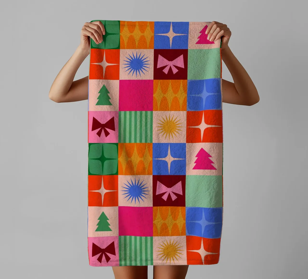 Festive Mid-mod check pattern with Christmas icons towel by Dominique Vari Christmas