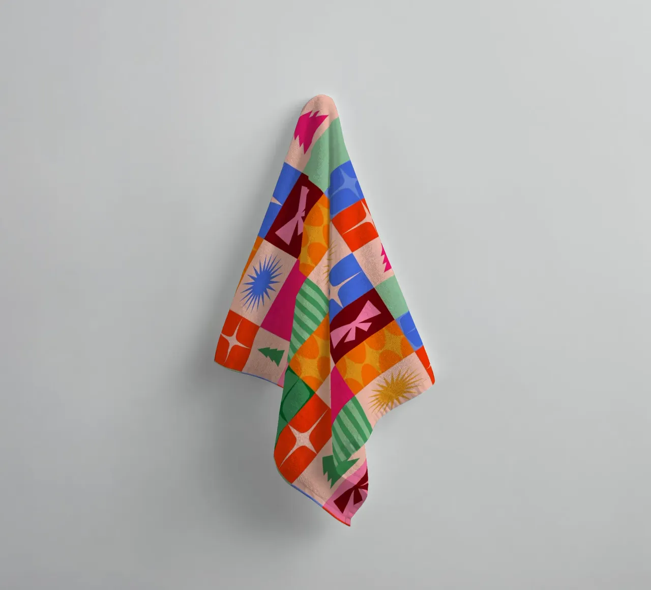 Festive Mid-mod check pattern with Christmas icons towel by Dominique Vari Christmas