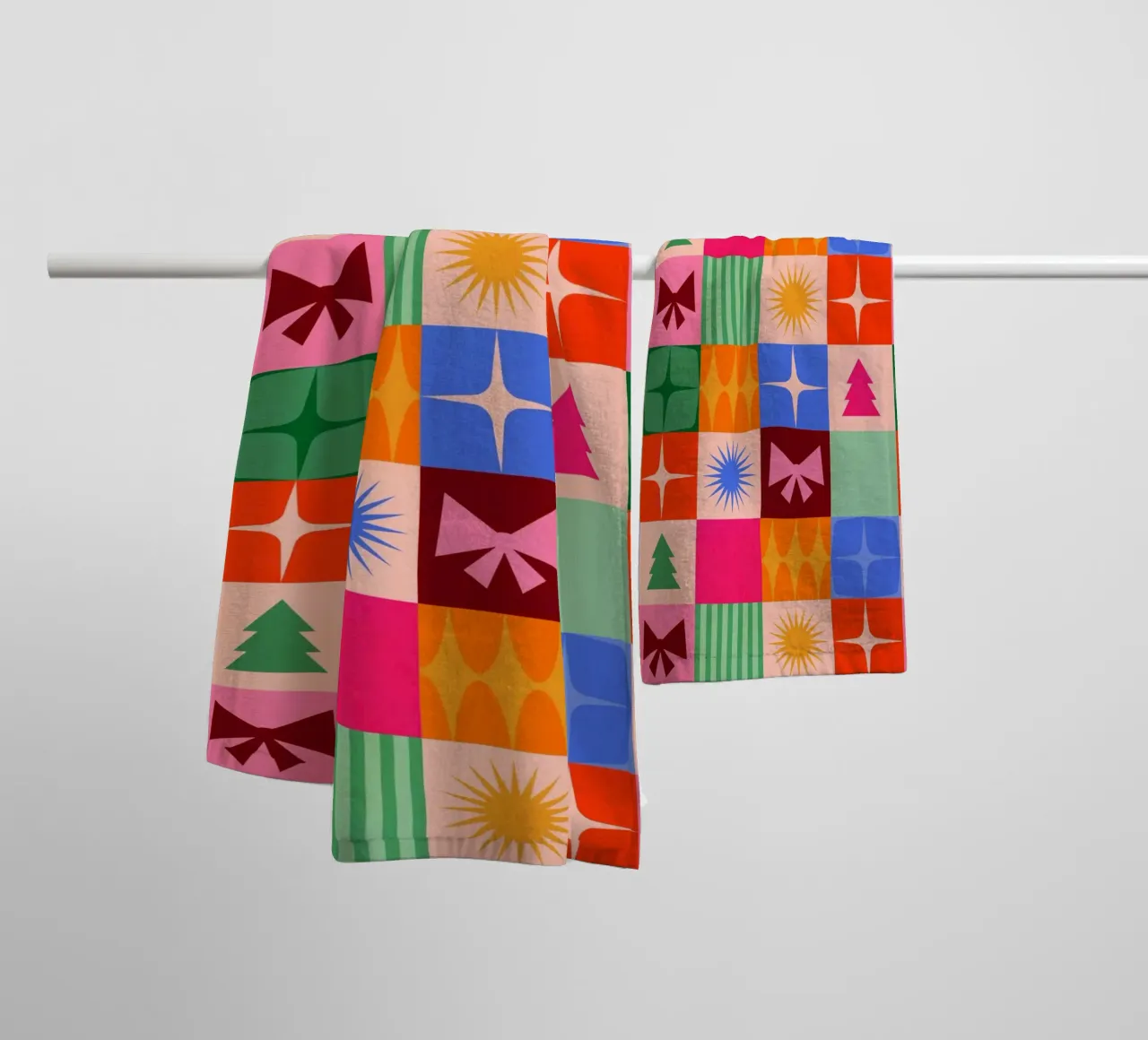 Festive Mid-mod check pattern with Christmas icons towel by Dominique Vari Christmas