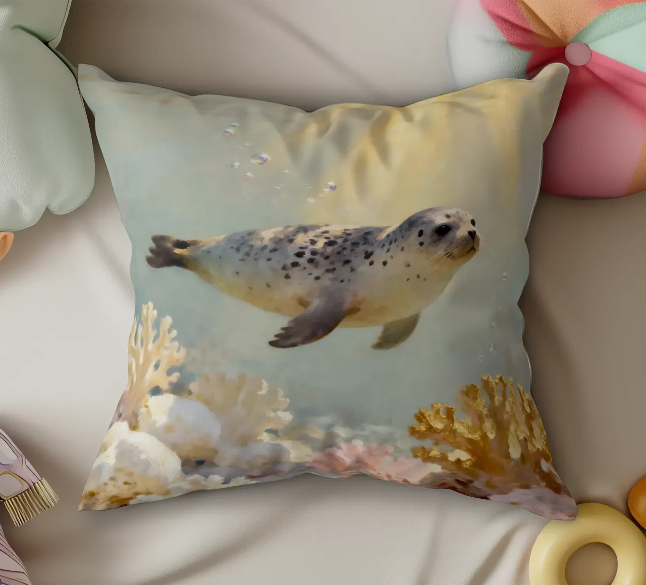 ✨🦭 Barriera corallina d'oro e foca maculata in una luce soffusa cuscino da Trinkets NL Design Studio