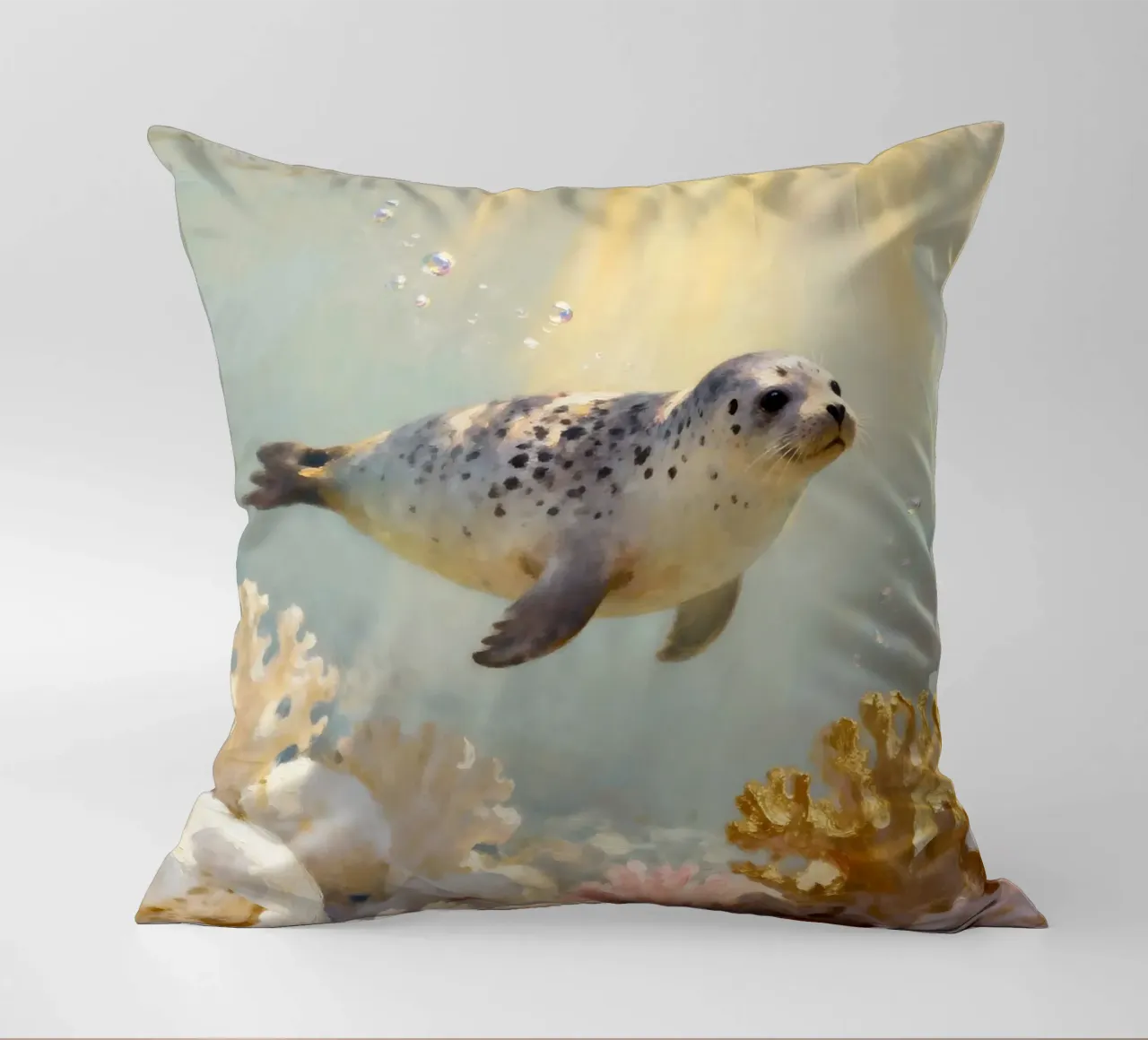 ✨🦭 Barriera corallina d'oro e foca maculata in una luce soffusa cuscino da Trinkets NL Design Studio