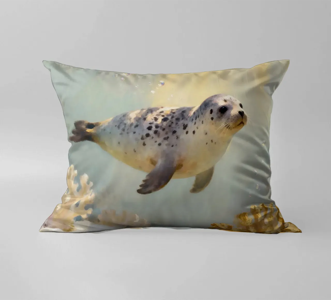 ✨🦭 Barriera corallina d'oro e foca maculata in una luce soffusa cuscino da Trinkets NL Design Studio