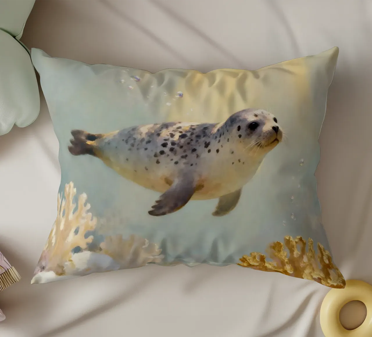 ✨🦭 Barriera corallina d'oro e foca maculata in una luce soffusa cuscino da Trinkets NL Design Studio