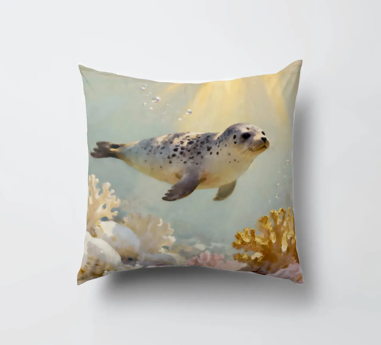 ✨🦭 Barriera corallina d'oro e foca maculata in una luce soffusa cuscino da Trinkets NL Design Studio
