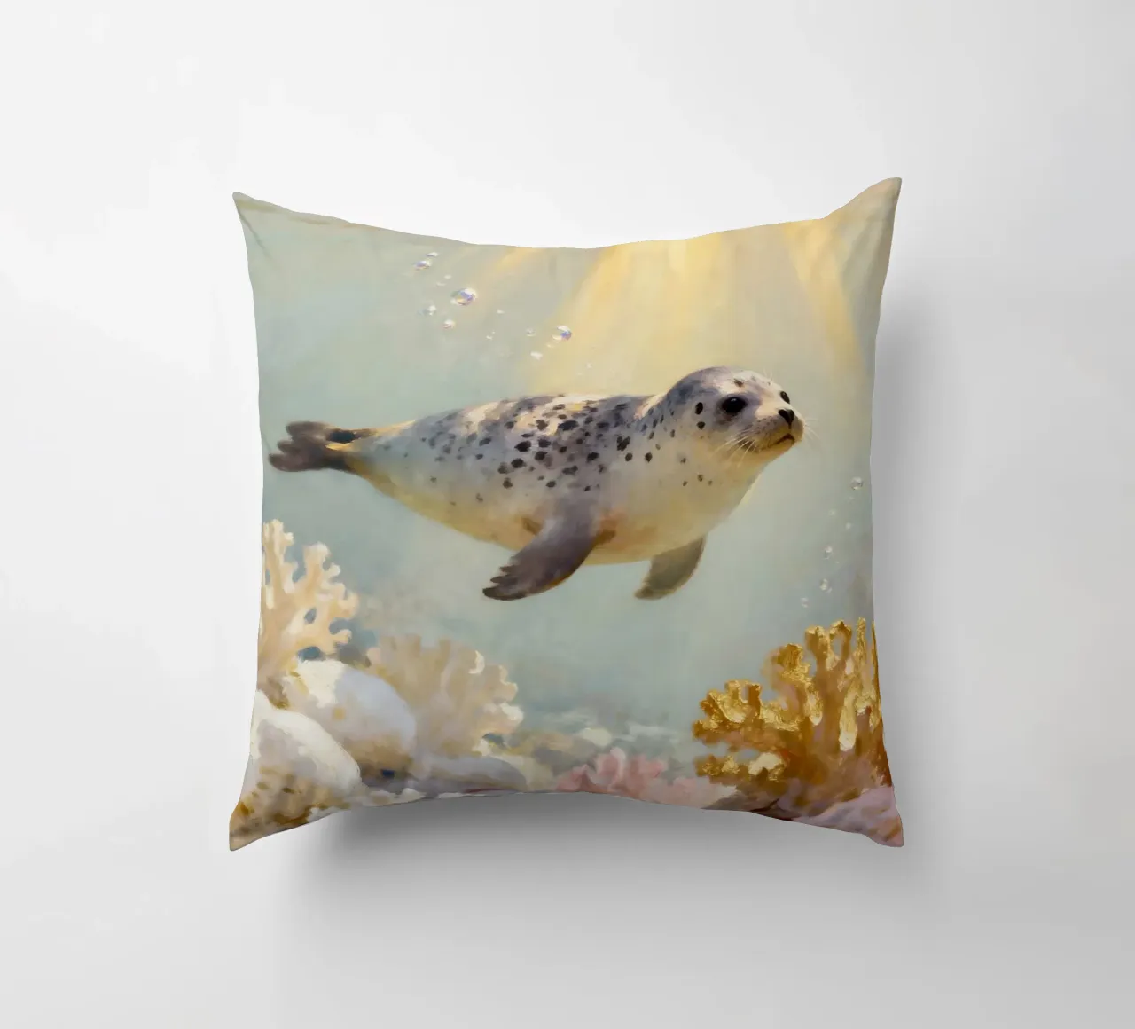 ✨🦭 Barriera corallina d'oro e foca maculata in una luce soffusa cuscino da Trinkets NL Design Studio