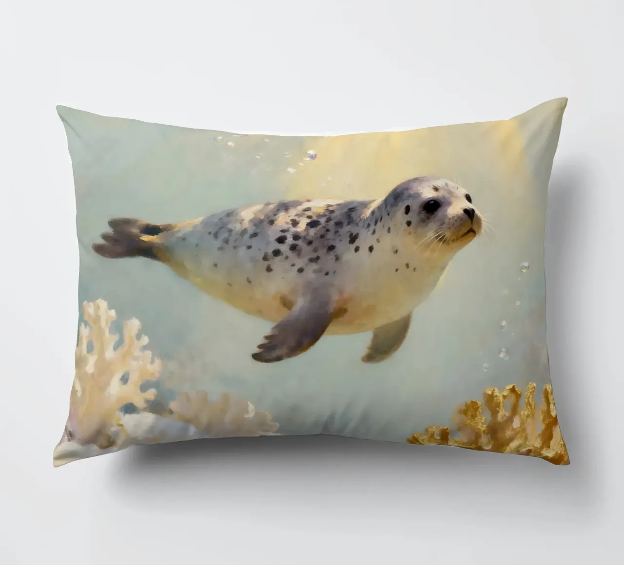 ✨🦭 Barriera corallina d'oro e foca maculata in una luce soffusa cuscino da Trinkets NL Design Studio
