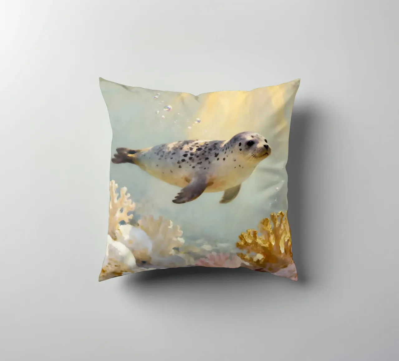 ✨🦭 Barriera corallina d'oro e foca maculata in una luce soffusa cuscino da Trinkets NL Design Studio
