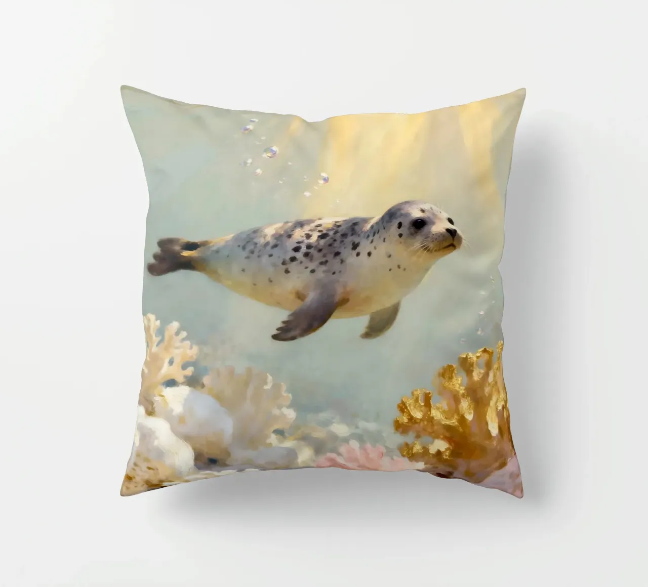 ✨🦭 Barriera corallina d'oro e foca maculata in una luce soffusa cuscino da Trinkets NL Design Studio