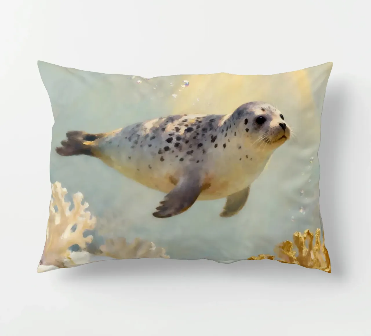 ✨🦭 Barriera corallina d'oro e foca maculata in una luce soffusa cuscino da Trinkets NL Design Studio