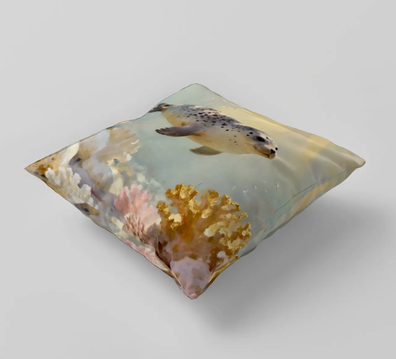 ✨🦭 Barriera corallina d'oro e foca maculata in una luce soffusa cuscino da Trinkets NL Design Studio