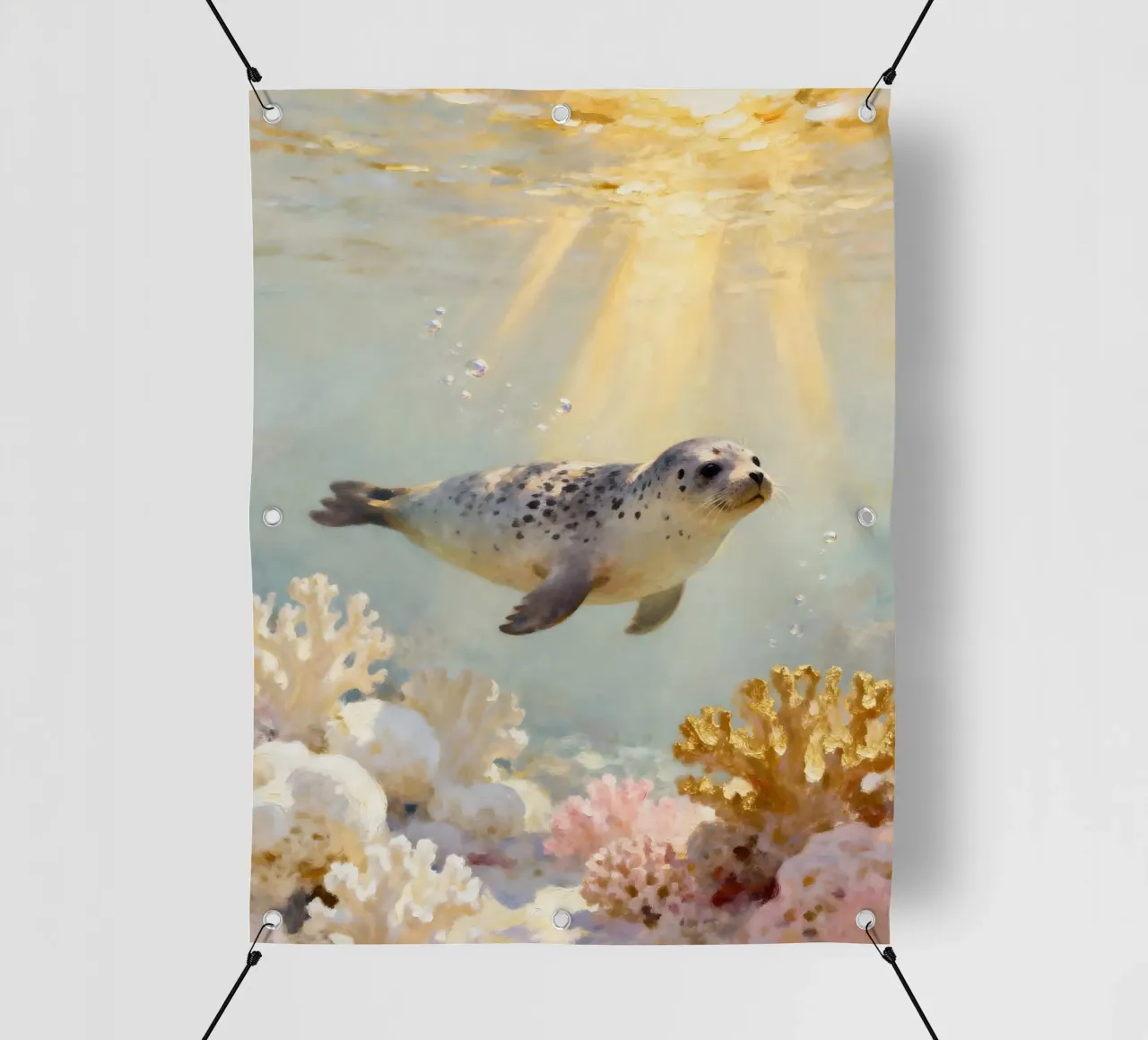✨🦭 Barriera corallina d'oro e foca maculata in una luce soffusa telo in pvc da Trinkets NL Design Studio