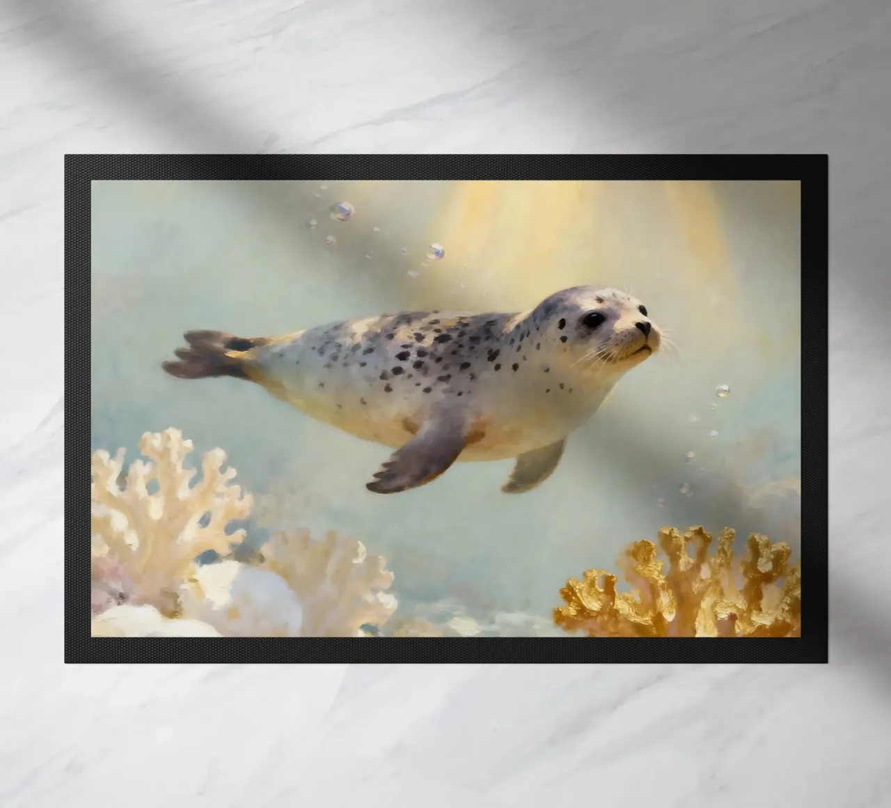 ✨🦭 Barriera corallina d'oro e foca maculata in una luce soffusa zerbino da Trinkets NL Design Studio