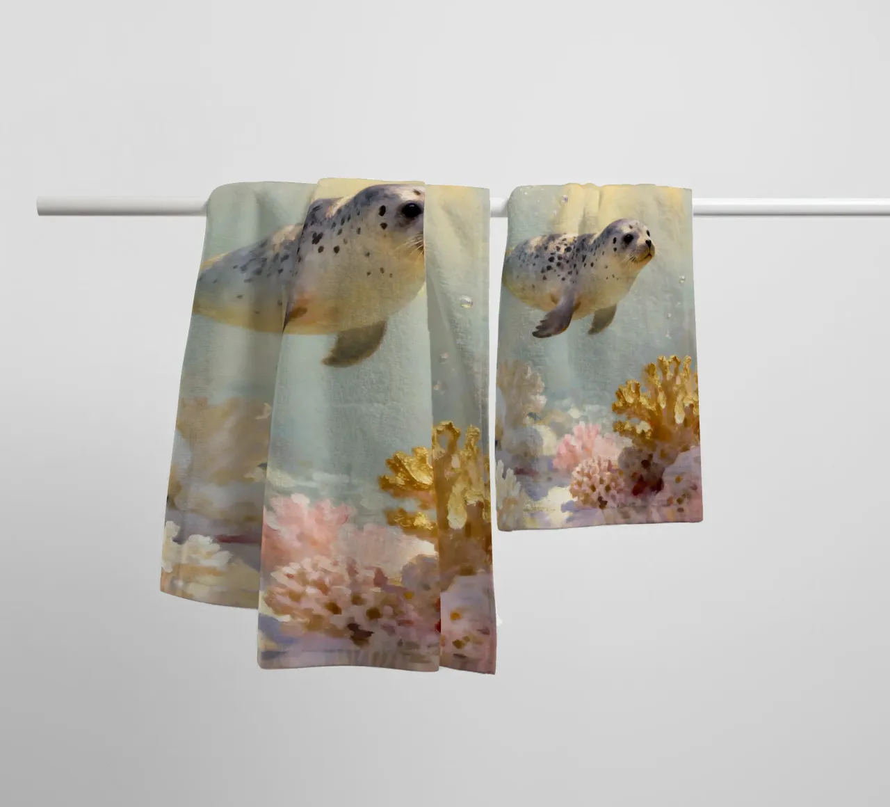 ✨🦭 Barriera corallina d'oro e foca maculata in una luce soffusa asciugamano da bagno da Trinkets NL Design Studio