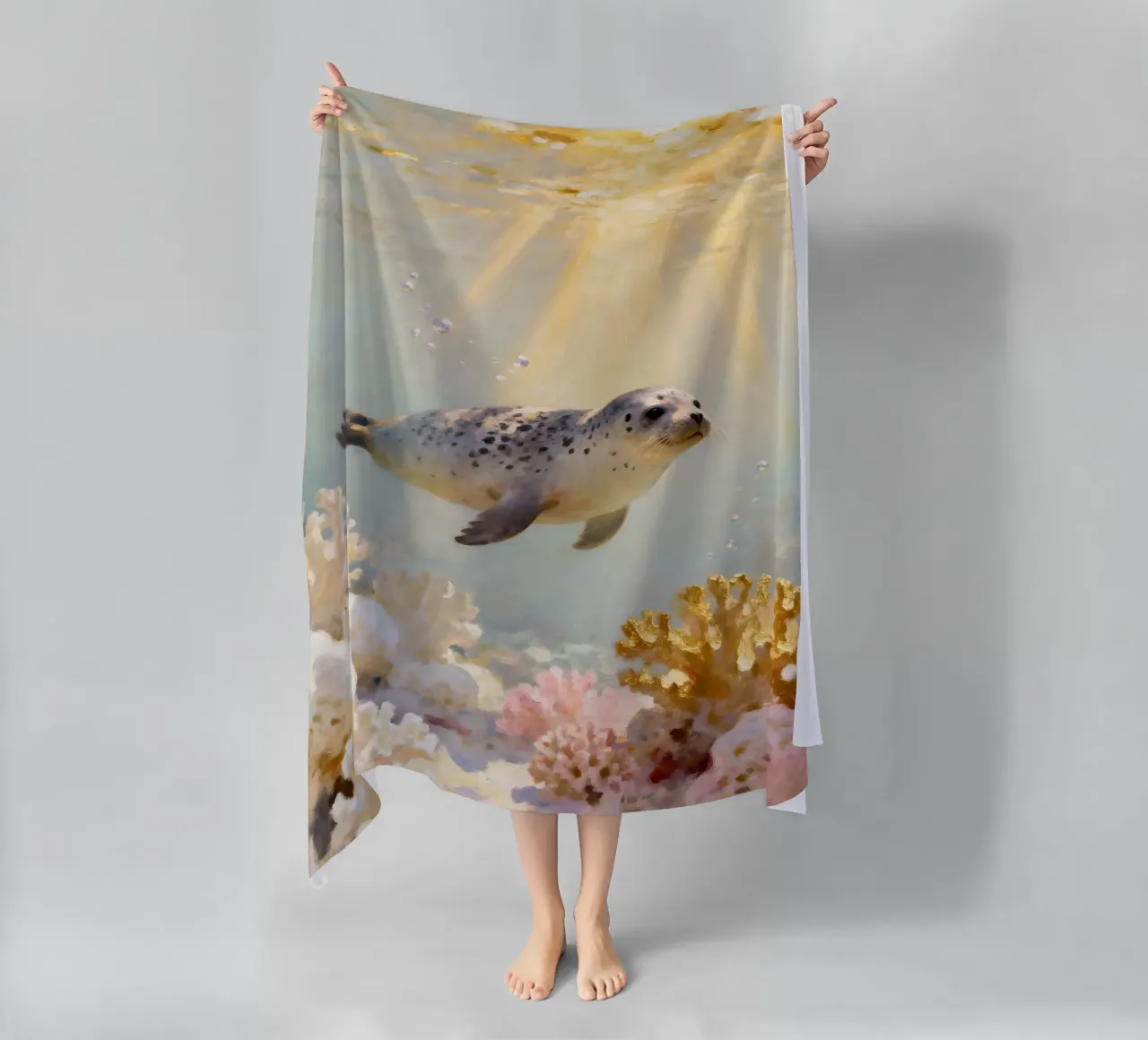 ✨🦭 Barriera corallina d'oro e foca maculata in una luce soffusa telo mare da Trinkets NL Design Studio