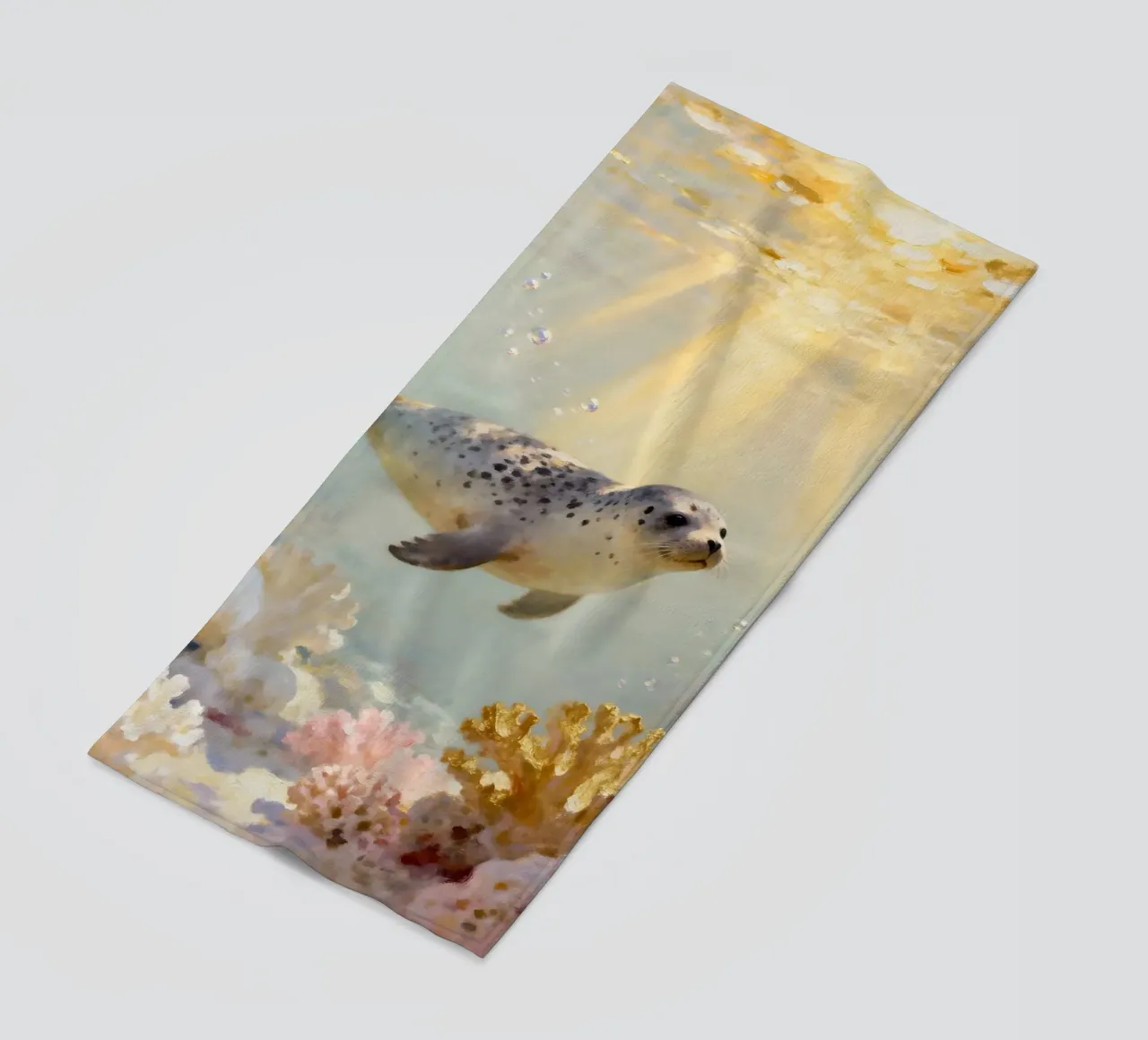 ✨🦭 Barriera corallina d'oro e foca maculata in una luce soffusa telo mare da Trinkets NL Design Studio