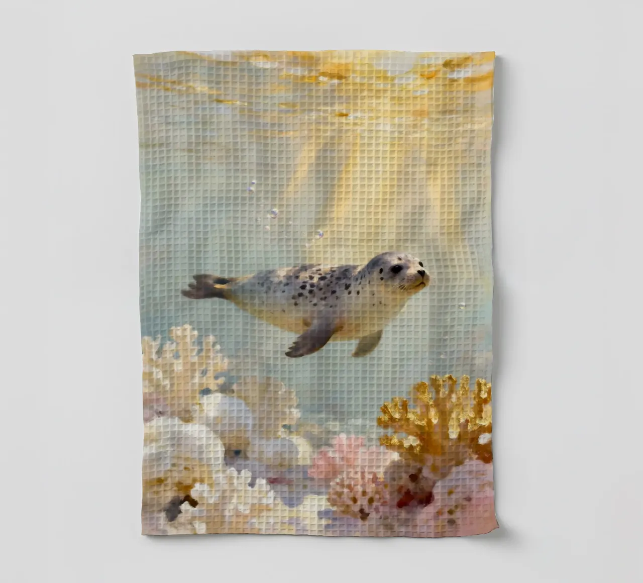 ✨🦭 Barriera corallina d'oro e foca maculata in una luce soffusa canovaccio da cucina da Trinkets NL Design Studio
