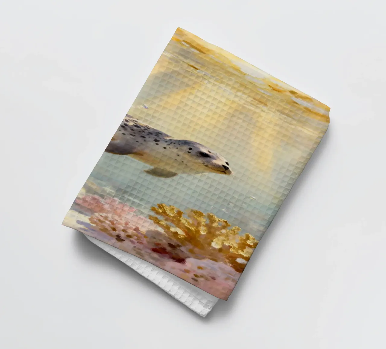 ✨🦭 Barriera corallina d'oro e foca maculata in una luce soffusa canovaccio da cucina da Trinkets NL Design Studio