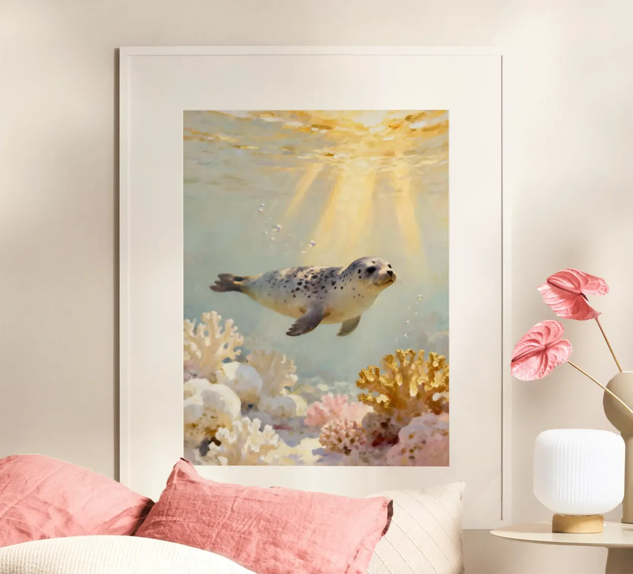 ✨🦭 Barriera corallina d'oro e foca maculata in una luce soffusa carta hahnemühle da Trinkets NL Design Studio