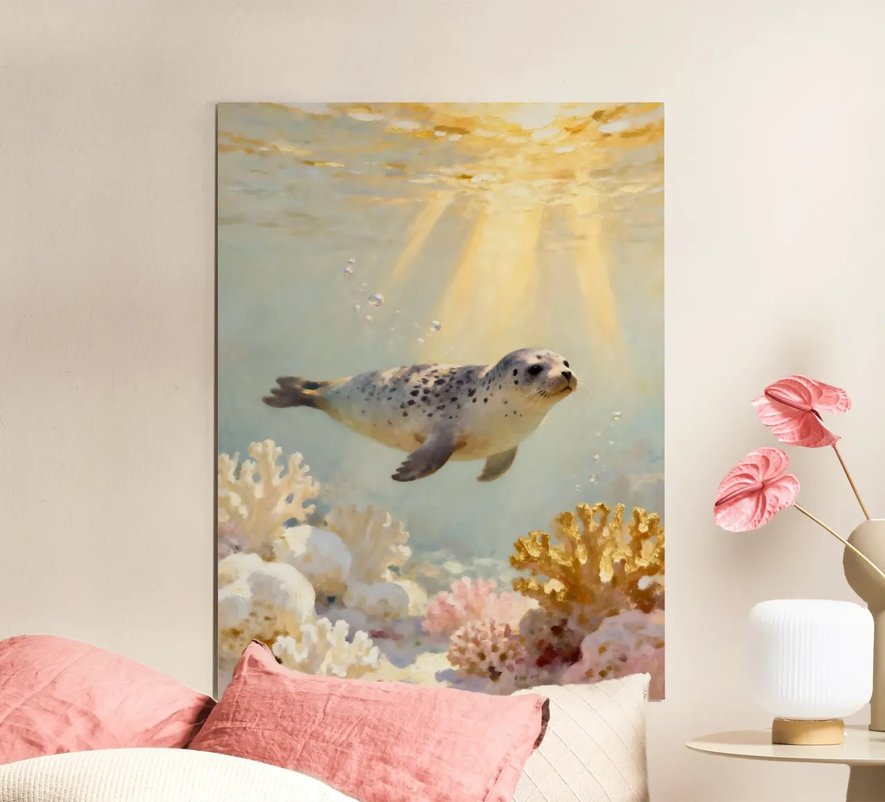 ✨🦭 Barriera corallina d'oro e foca maculata in una luce soffusa carta hahnemühle da Trinkets NL Design Studio