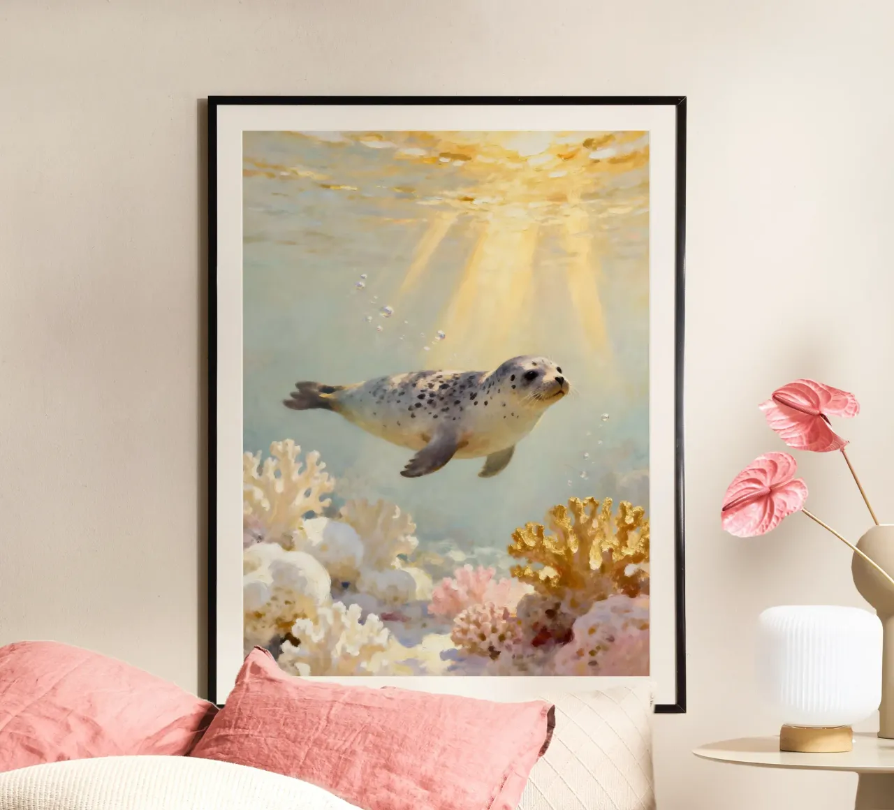 ✨🦭 Barriera corallina d'oro e foca maculata in una luce soffusa carta hahnemühle da Trinkets NL Design Studio