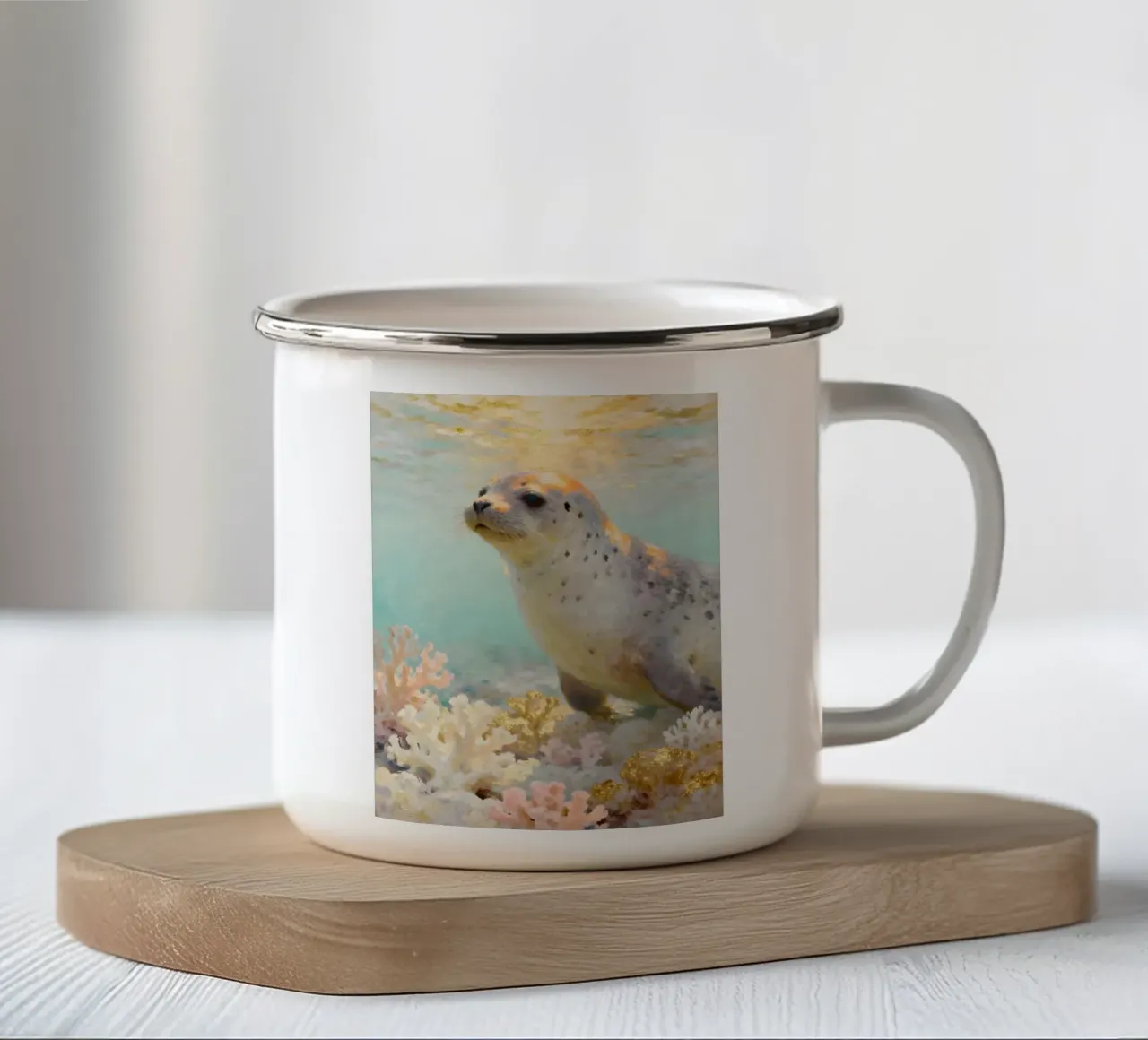 ✨🦭 Golden Reef | Foca maculata nella luce dorata tazza in smalto da Trinkets NL Design Studio