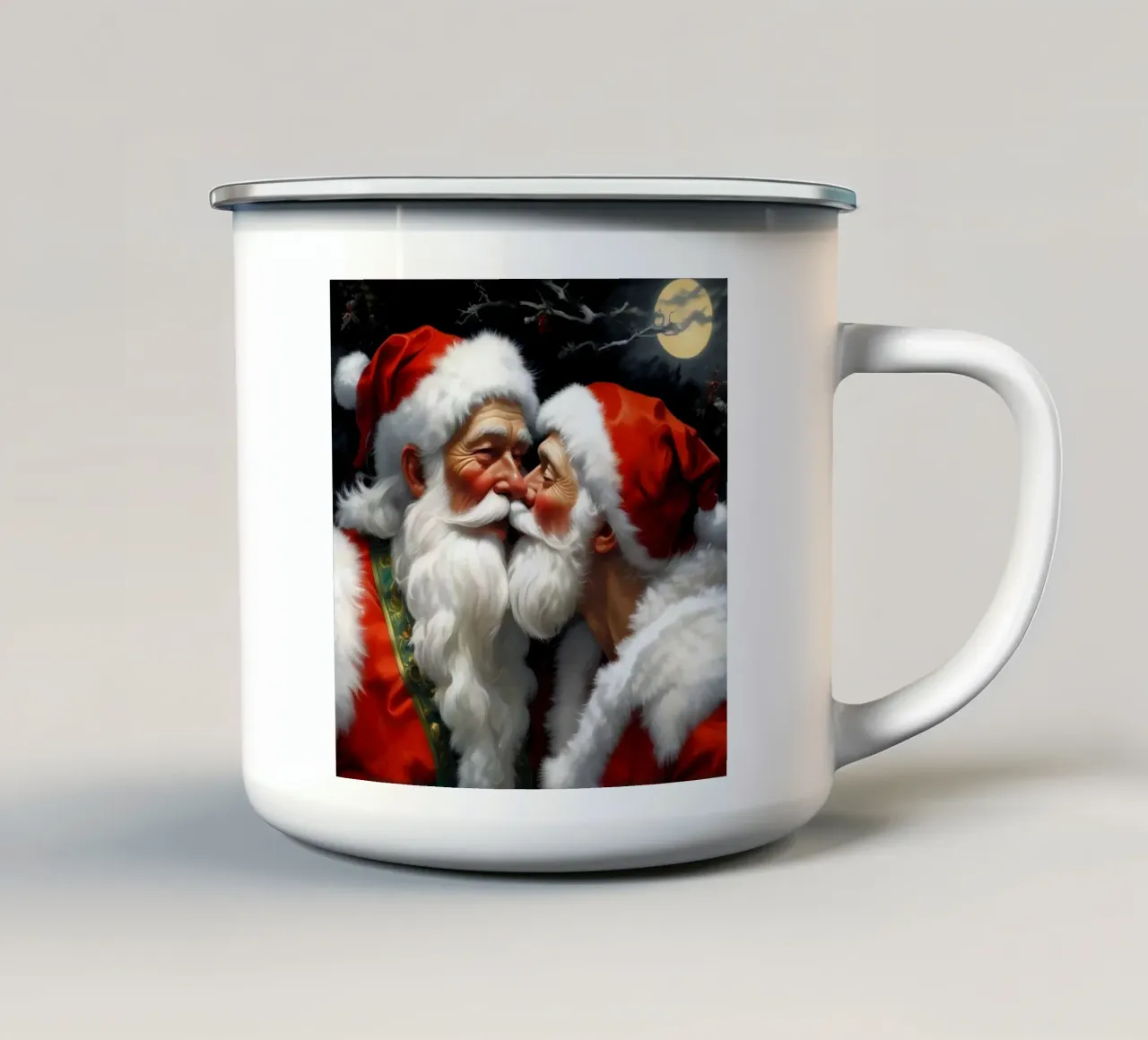 Due Claus e la luna tazza in smalto da Piccola Serenata