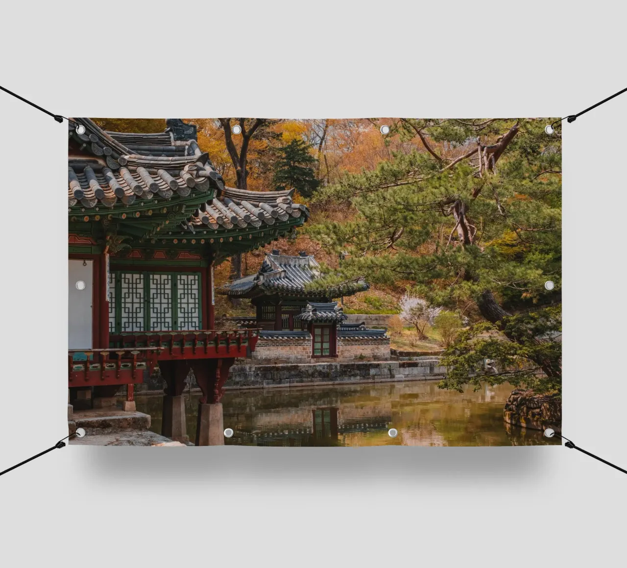 Stagno del giardino segreto di Huwon a Seul, Corea del Sud telo in pvc da mbgraphx2