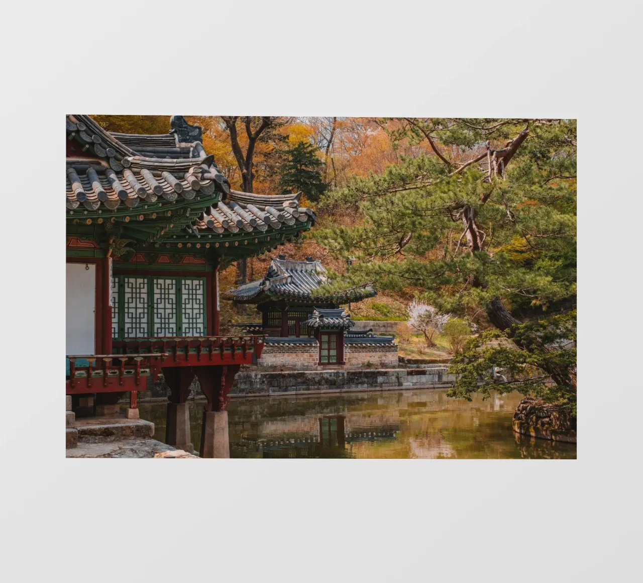 Stagno del giardino segreto di Huwon a Seul, Corea del Sud telo in pvc da mbgraphx2