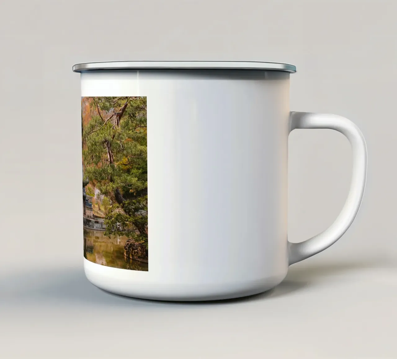 Stagno del giardino segreto di Huwon a Seul, Corea del Sud tazza in smalto da mbgraphx2