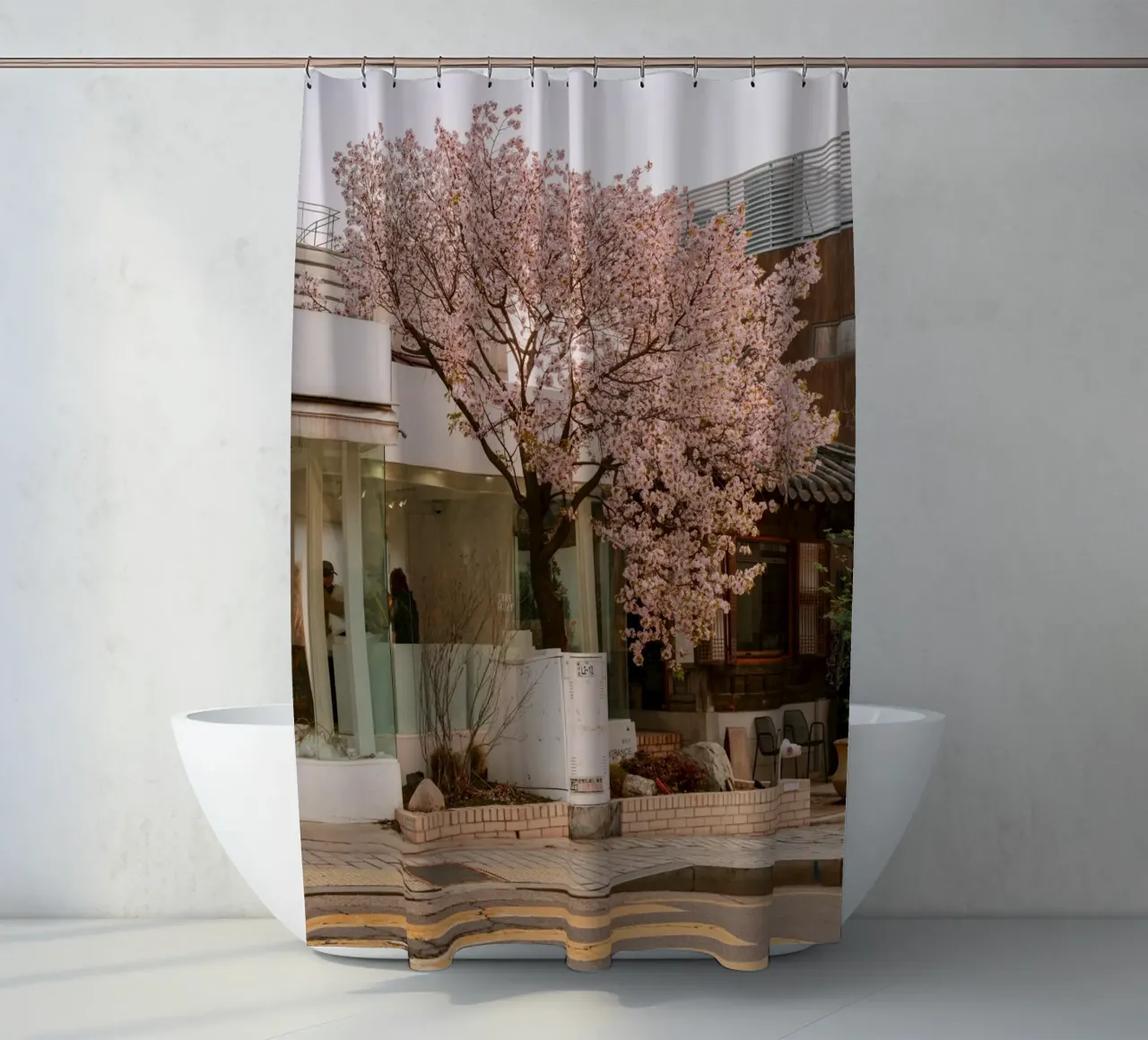 Alba dei ciliegi in fiore a Seul, Corea del Sud tenda da doccia da mbgraphx2