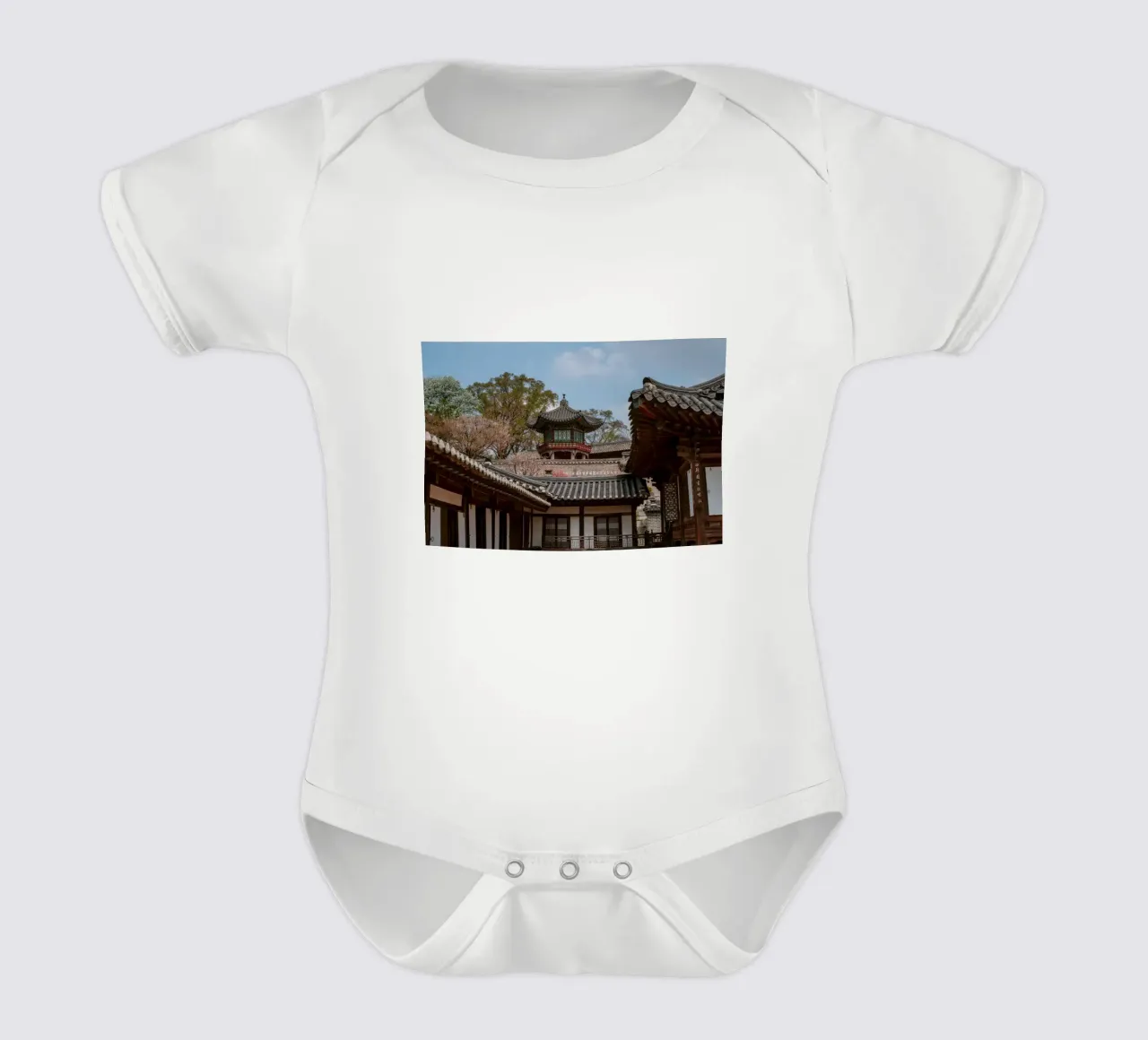 Korean Temple in Seoul, South Korea short-sleeve baby romper by mbgraphx2