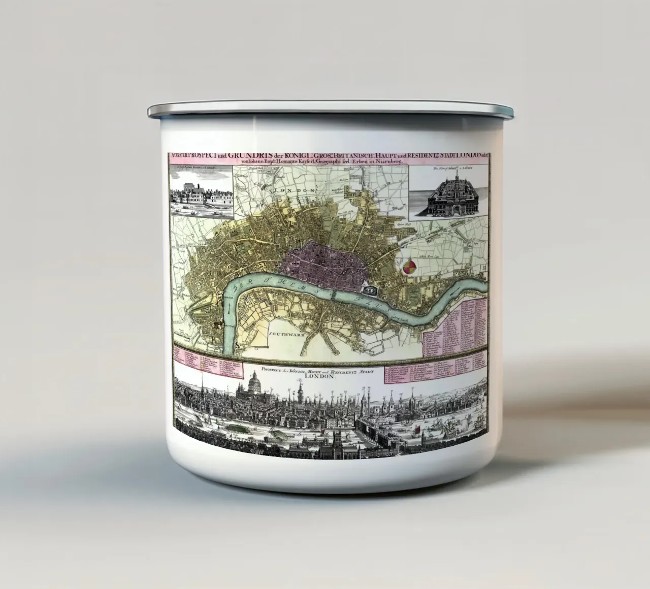 Mappa di Londra Inghilterra 1740 tazza in smalto da 100 Historical Maps