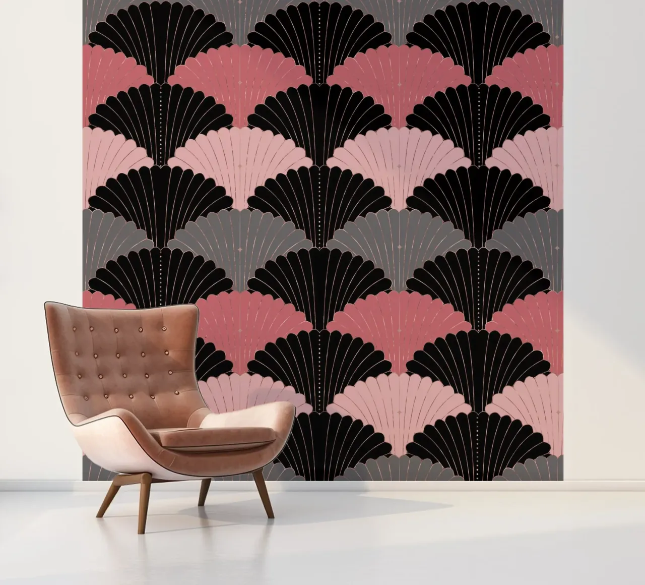 Art Deco schelpenpatroon. Roze, grijs, zwart en gouden glans fotobehang van CalliLetters