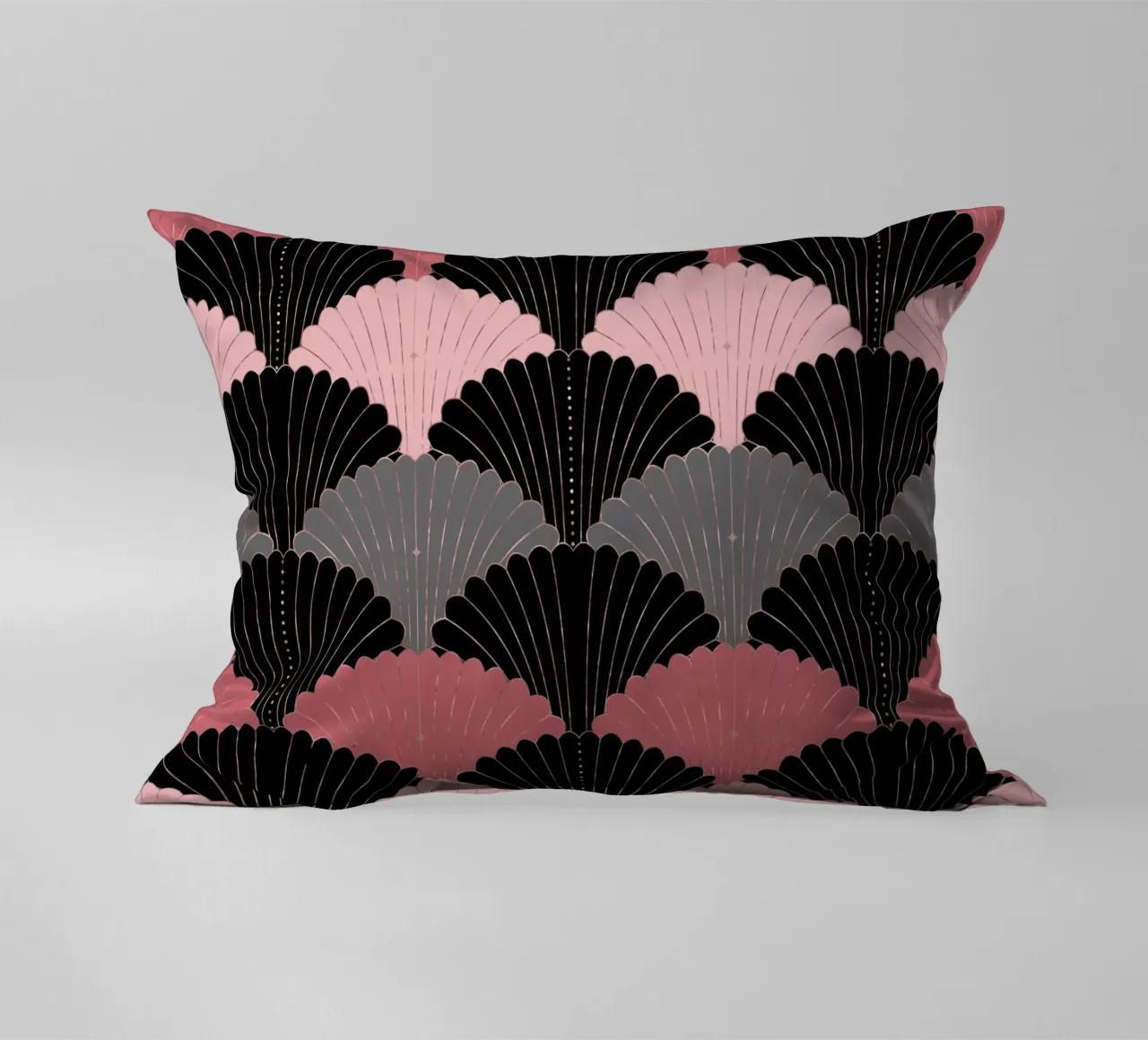 Art Deco shell pattern. Pink, grey, black and gold shimmer decorative cushion by CalliLetters