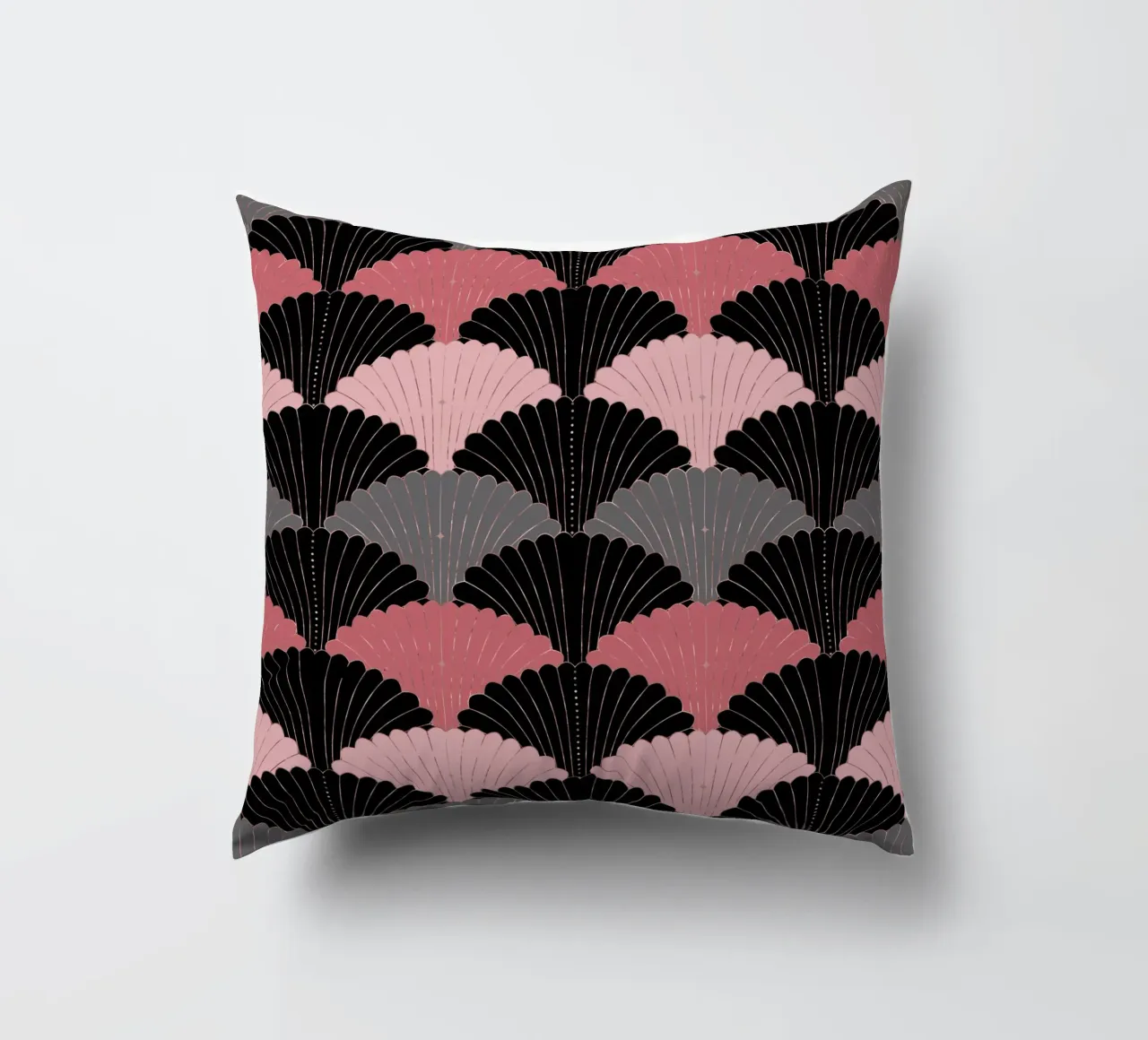 Art Deco shell pattern. Pink, grey, black and gold shimmer decorative cushion by CalliLetters