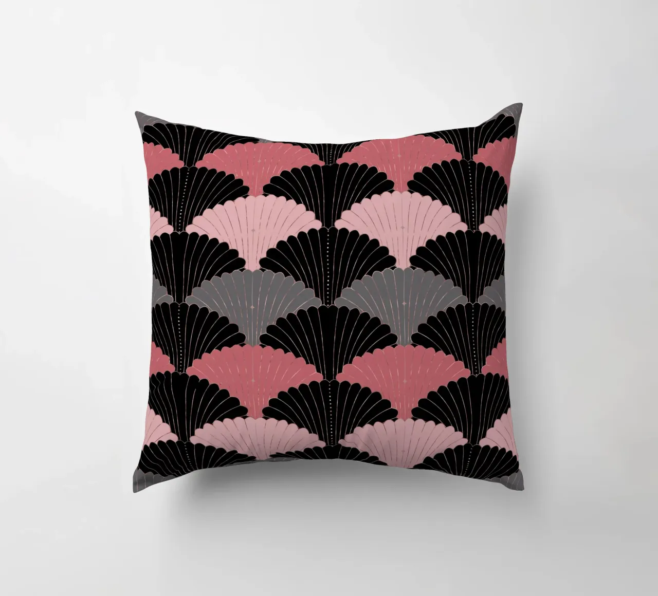 Art Deco shell pattern. Pink, grey, black and gold shimmer decorative cushion by CalliLetters
