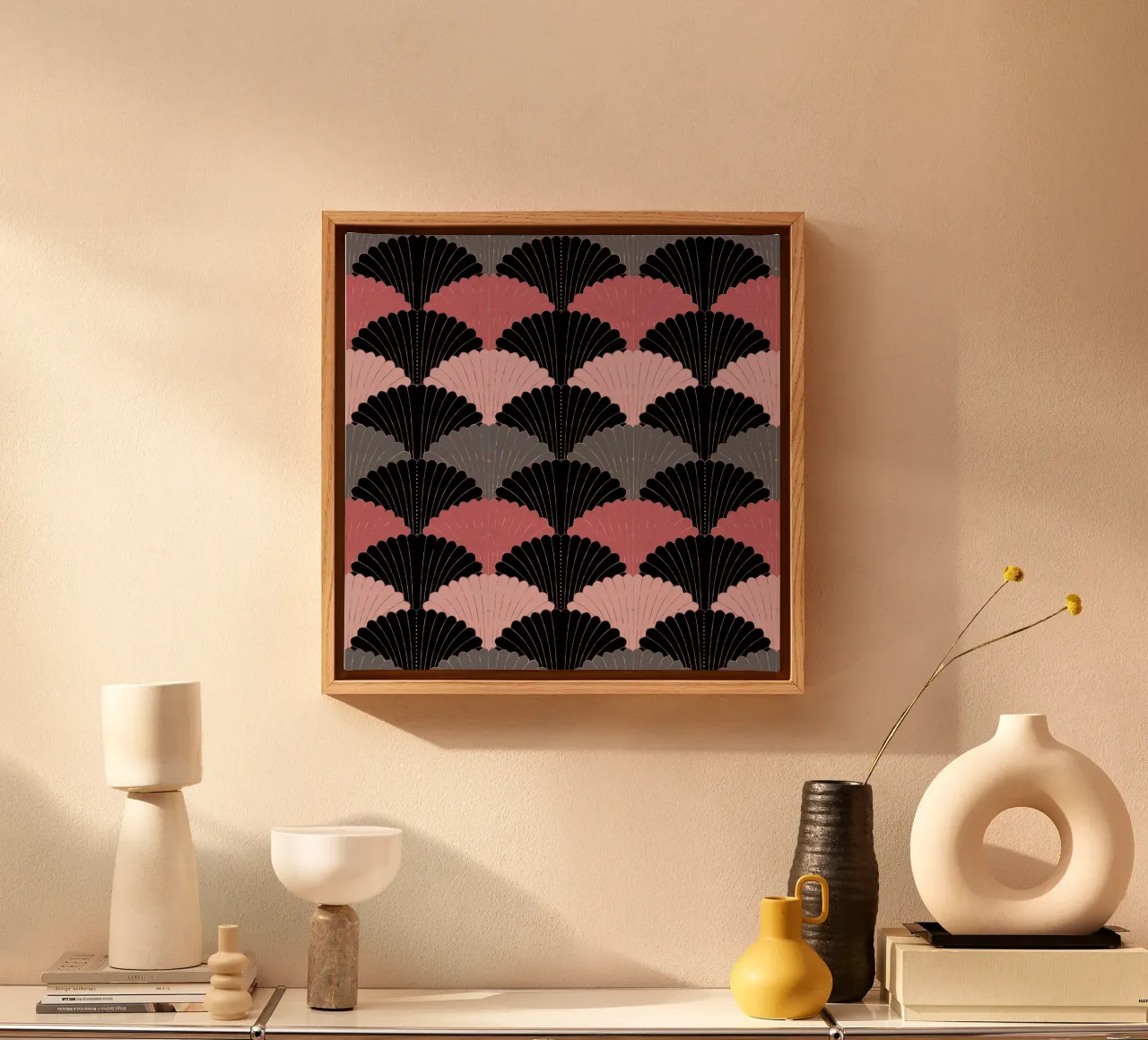 Art Deco shell pattern. Pink, grey, black and gold shimmer canvas with Floater frame by CalliLetters