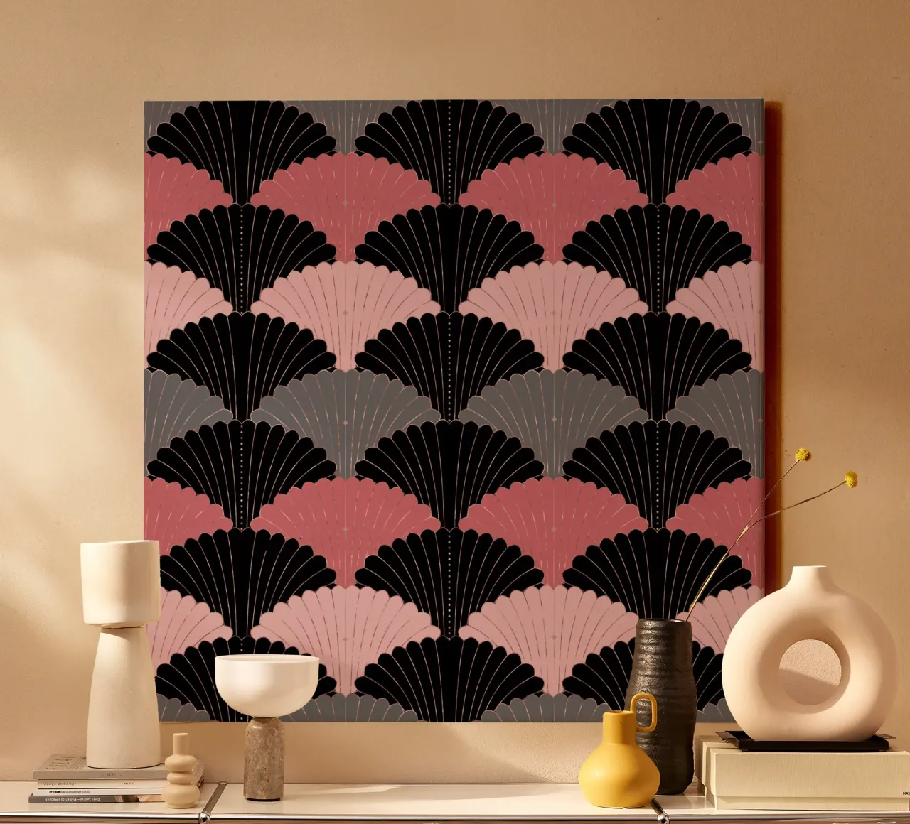 Art Deco shell pattern. Pink, grey, black and gold shimmer canvas with Floater frame by CalliLetters