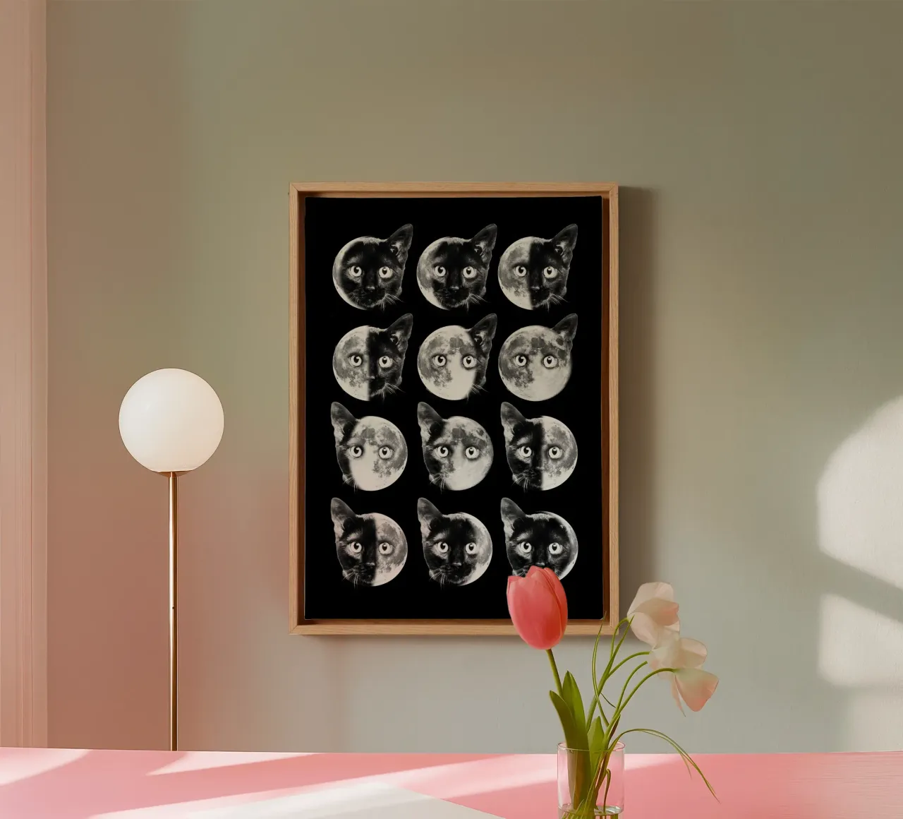 Cat Moon phases tela con Cornice a cassetta da Dikhotomy