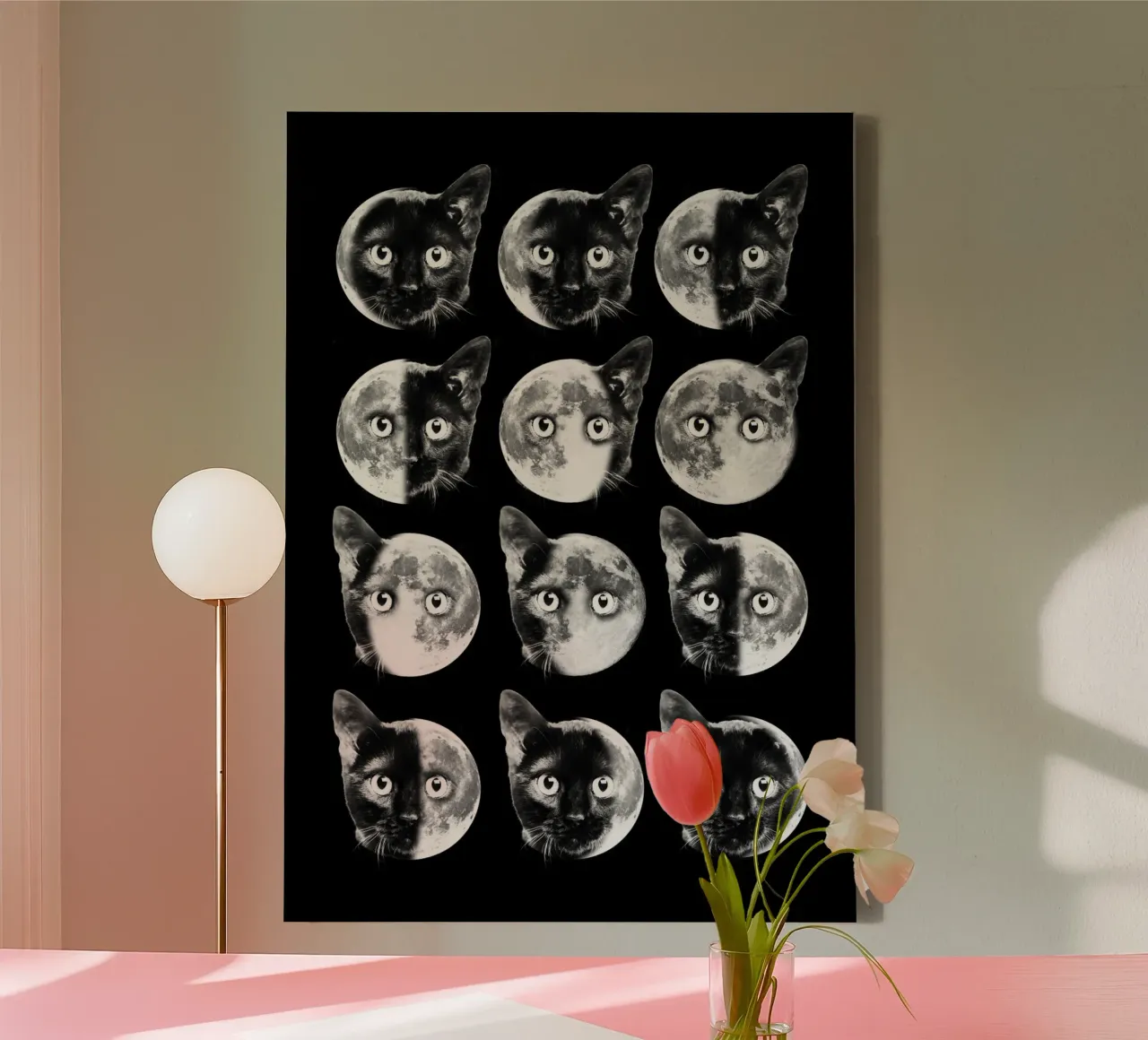 Cat Moon phases tela con Cornice a cassetta da Dikhotomy