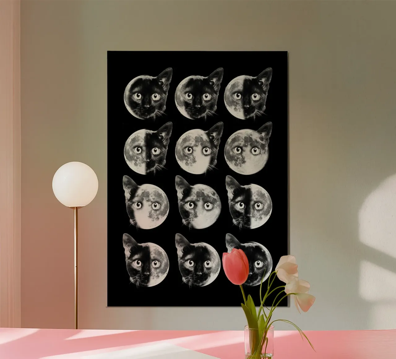 Cat Moon phases poster con telaio in legno da Dikhotomy