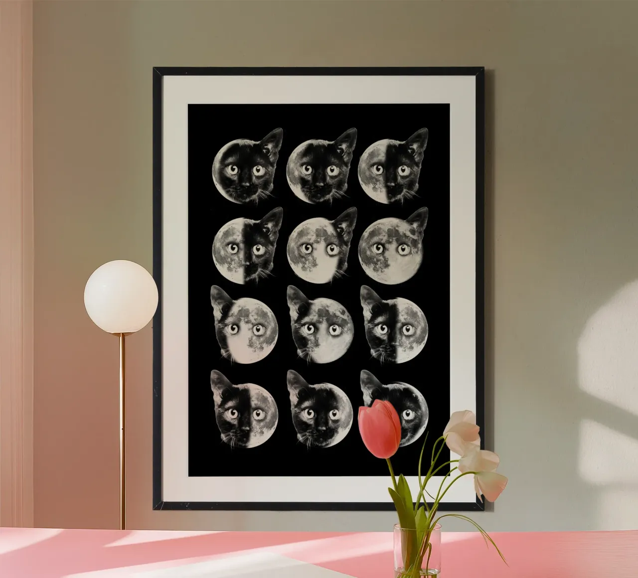 Cat Moon phases poster con telaio in legno da Dikhotomy